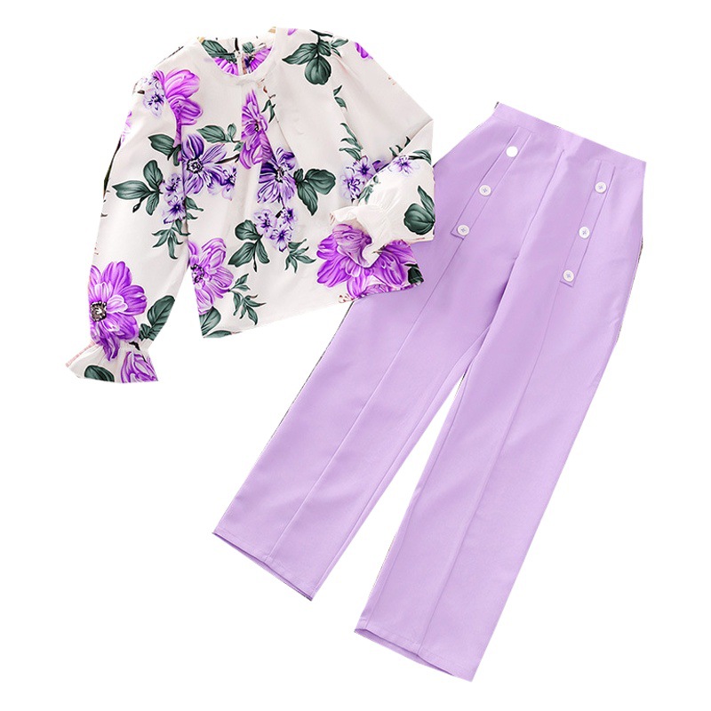 Ropa infantil para comercio exterior transfronterizo, conjunto de dos piezas de moda para niñas, 25 nuevos estilos de primavera para niñas mayores, blusas estampadas de manga larga y pantalones largos.