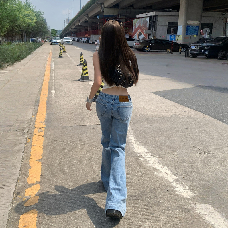 竹节纹低腰微喇牛仔裤女2025年秋冬新款辣妹显瘦百搭马蹄喇叭裤子|undefined