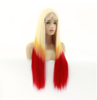 Tricolor gradiente largo recto frente de encaje fibra química peluca de seda de alta temperatura gancho de mano cubierta de fábrica LW0314