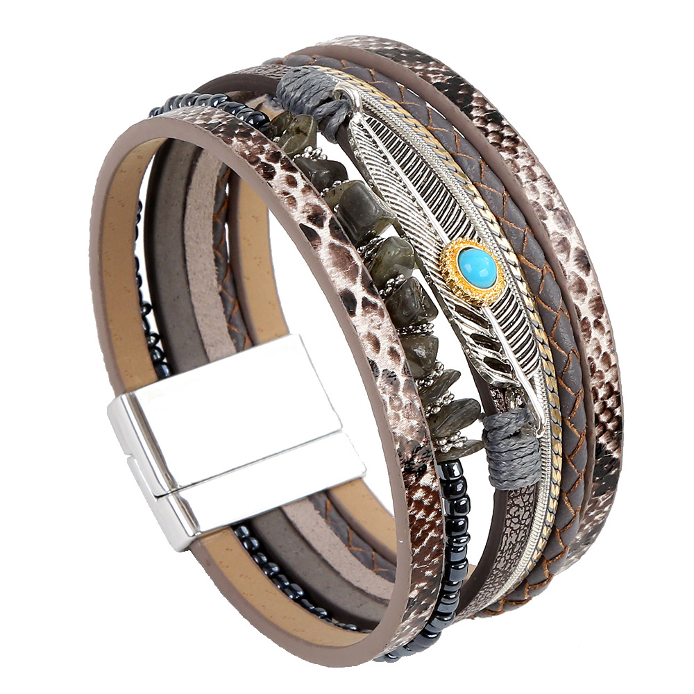 Leather Beaded Bracelet With Boho Feather And Turquoise Charm_voghion.com