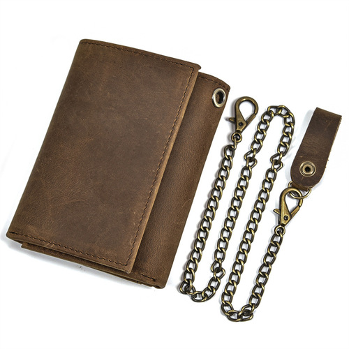 Genuine Leather Wallet Retro Men's Crazy Horse Leather Coin Purse Multiple Card Positions with Key Position Iron Chain Tri-fold Wallet Amazon
