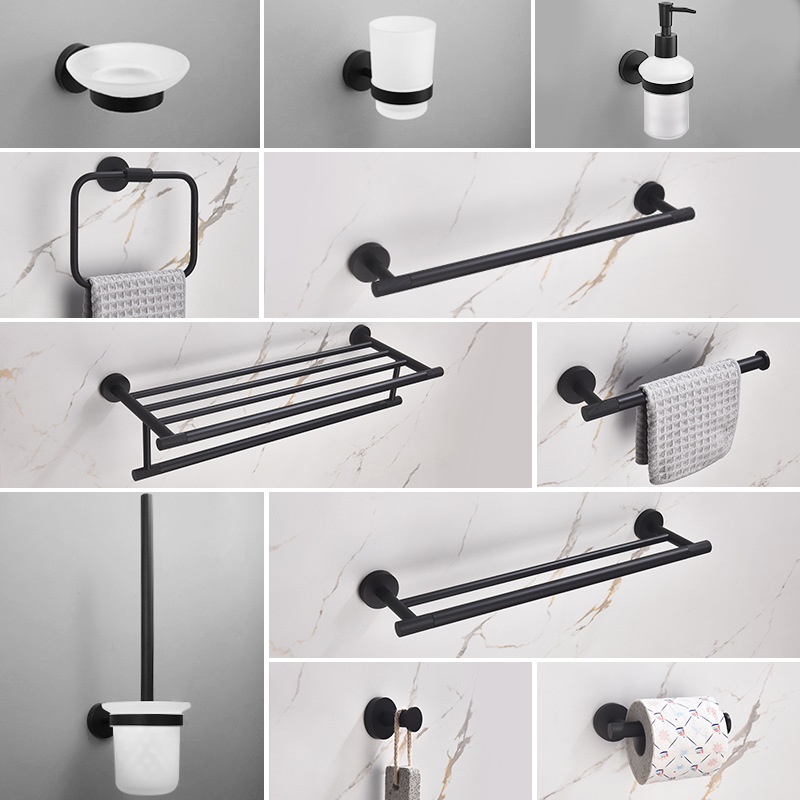 Toallero de baño de acero inoxidable negro mate transfronterizo Toalla de toalla Soporte de toalla de papel Gancho de ropa Baño de hotel Colgante de sala de moleteado de latón