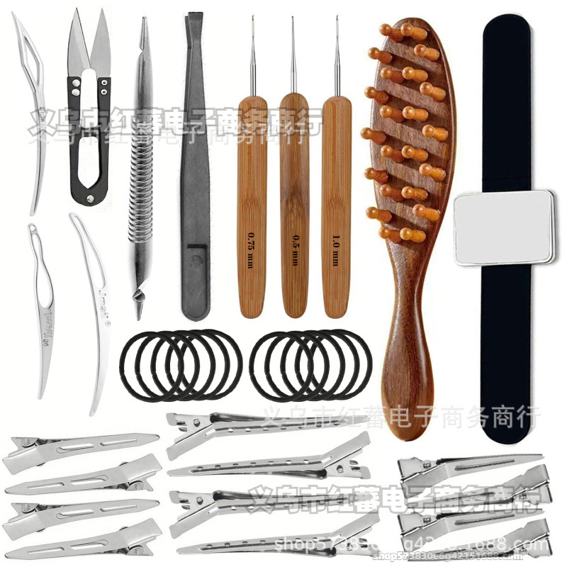 jmail钩针套装 亚马逊diy手工接发工具3款木柄钩针实木木梳鸭嘴夹