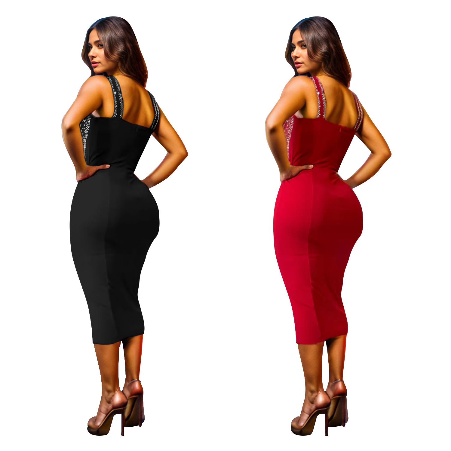 C7070 Aliexpress transfronterizo Amazon estación independiente de moda europea y americana de mujer cinturón de perforación en caliente vestido largo medio nuevo image 6