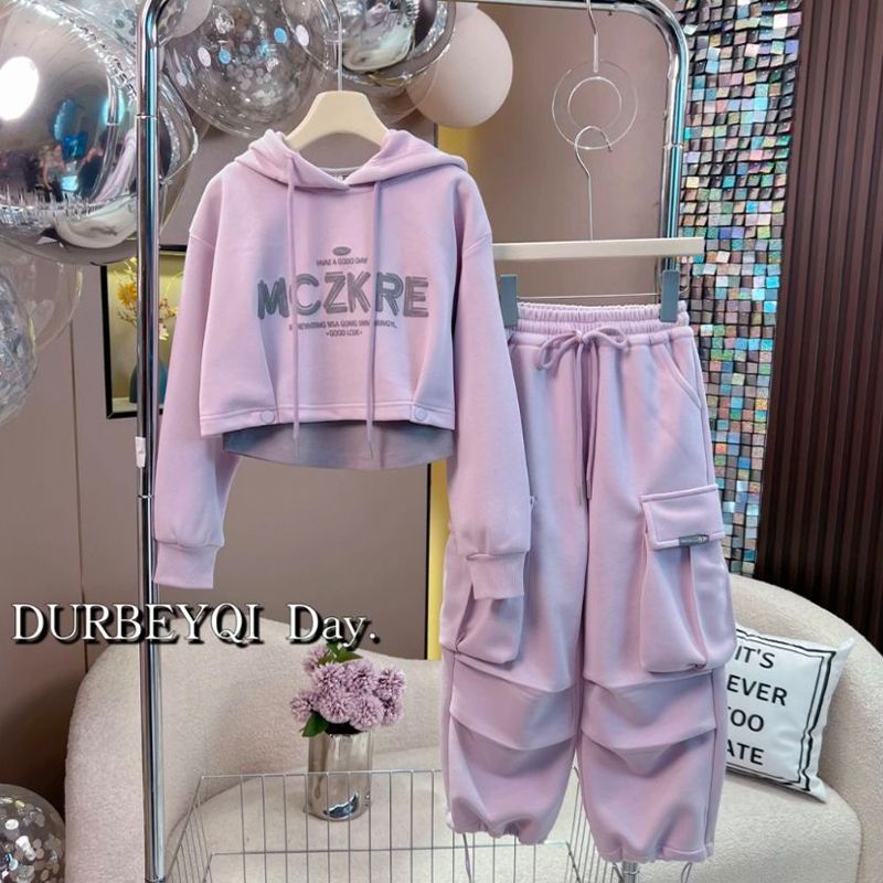 Abbigliamento per bambini Abiti autunnali per bambine Primavera e autunno nuovi gilet in stile con lettere felpe con cappuccio e pantaloni vestito in due pezzi_voghion.com