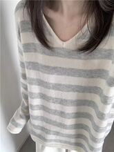 韩系撞色条纹领毛衣女秋冬2025新款松弛感慵懒风套头针织衫上衣