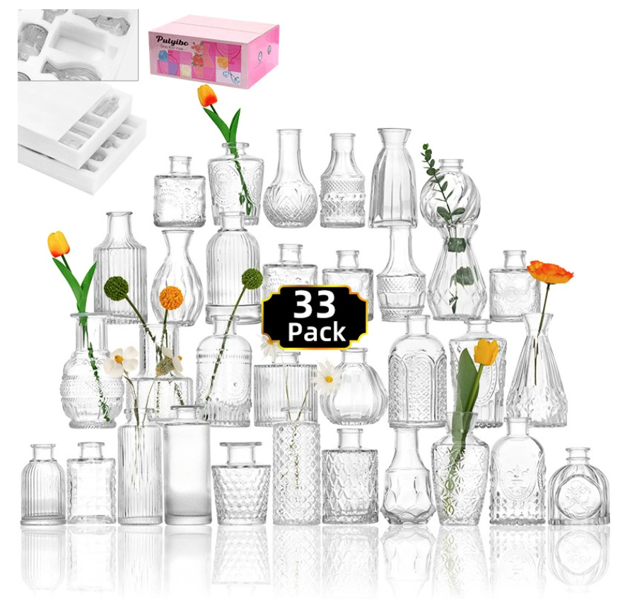 Transparent glass vases for decorating dining tables, home