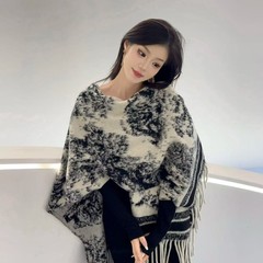 秋冬新作 レトロ 高級感 水墨画柄 ショール レディース イミテーションカシミヤ フリンジ 旅行用 多用途 暖かい マント