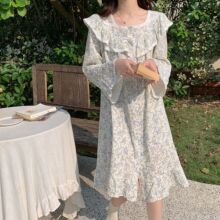 韩国chic女士秋冬新品韩版甜美小碎花棉公主蕾丝外穿睡衣套装睡裙