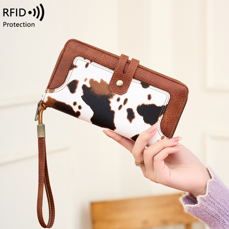 Cross-Border Rfid Anti-Theft Women's Wallet with Printed Contrasting Colors European and American New Leather Wallet Multi-Functional Retro Long Wallet