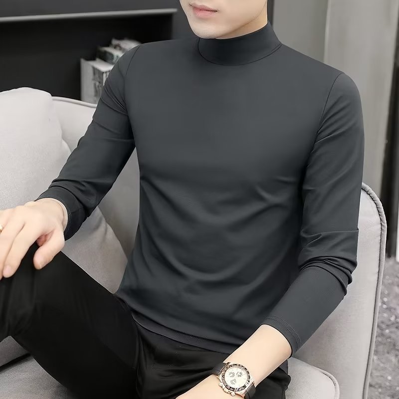 秋冬半高领长袖T恤男士纯色秋装上衣春秋打底衫内搭中领秋衣|undefined