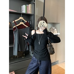 实拍2025秋季新款胖mm大码收腰显瘦纯欲风别致露肩条纹T恤女80348