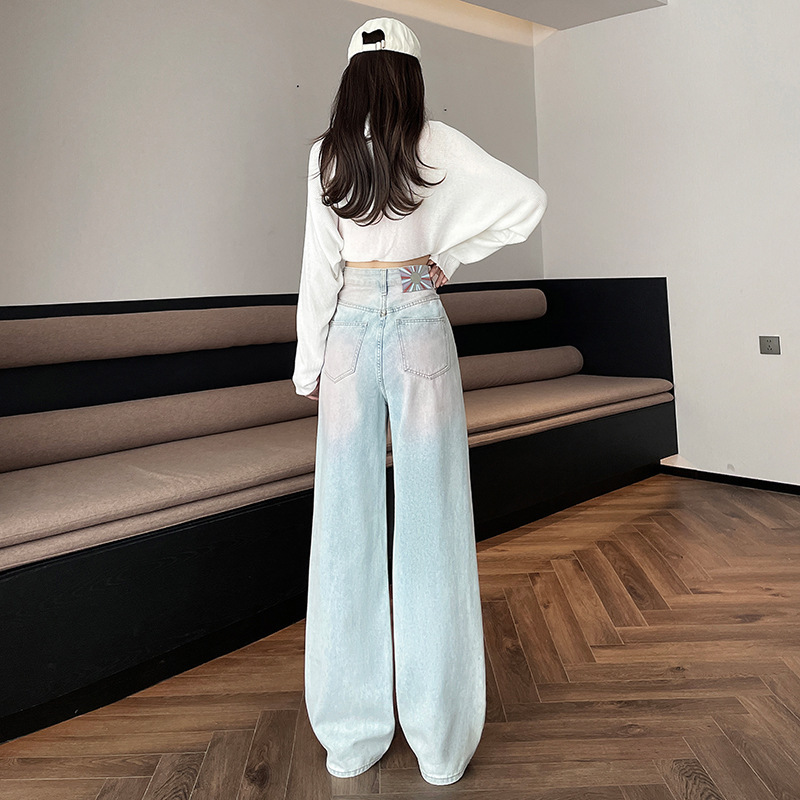浅粉色腮红裤阔腿牛仔裤女夏季薄款2025新款刺绣高腰小个子直筒裤|undefined