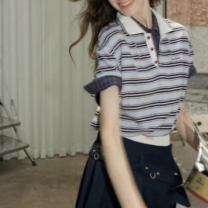 Polo Collar Stripesd Loose Knitted Short-Sleeved T-Shirt for Women Summer Casual Lazy Style Simple Versatile Half-Sleeve