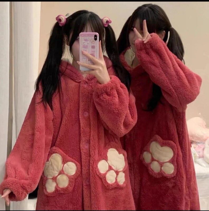 卡通睡袍可爱玉桂狗草莓熊睡衣女秋冬珊瑚绒加厚长款开衫连帽睡袍|undefined
