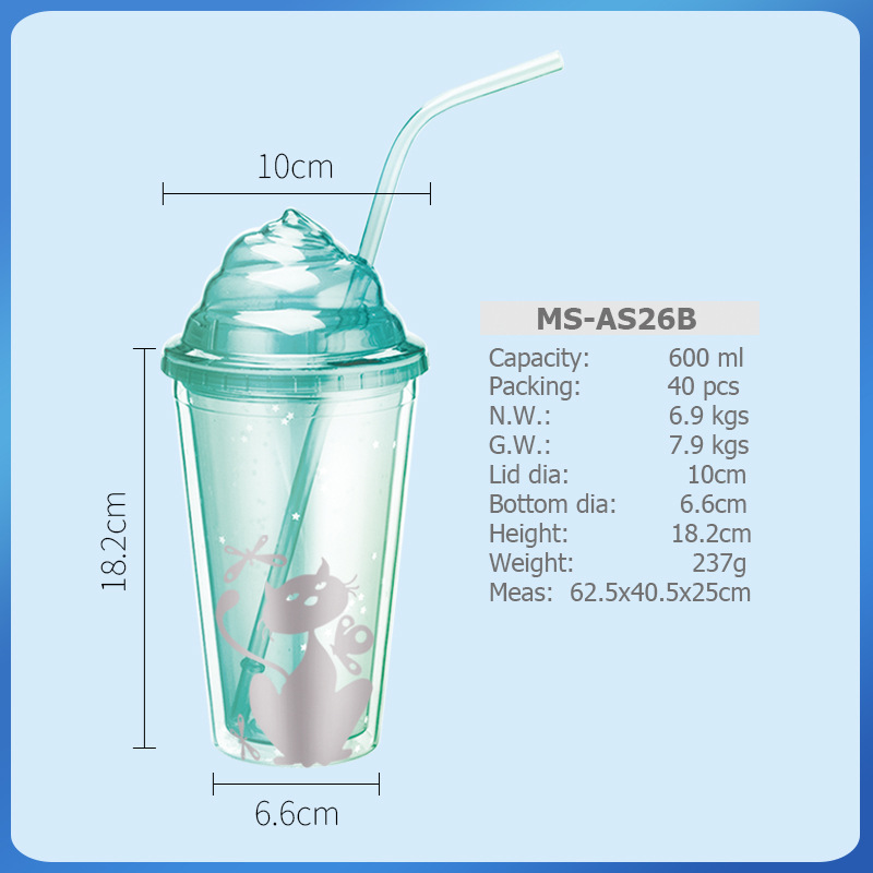 Taza de agua de paja de plástico de doble capa de color degradado transfronterizo AS/PS480/600ml con taza de regalo de café