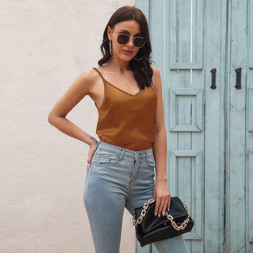 缎面仿真丝V领小吊带背心女外穿露背上衣 女装跨境专供