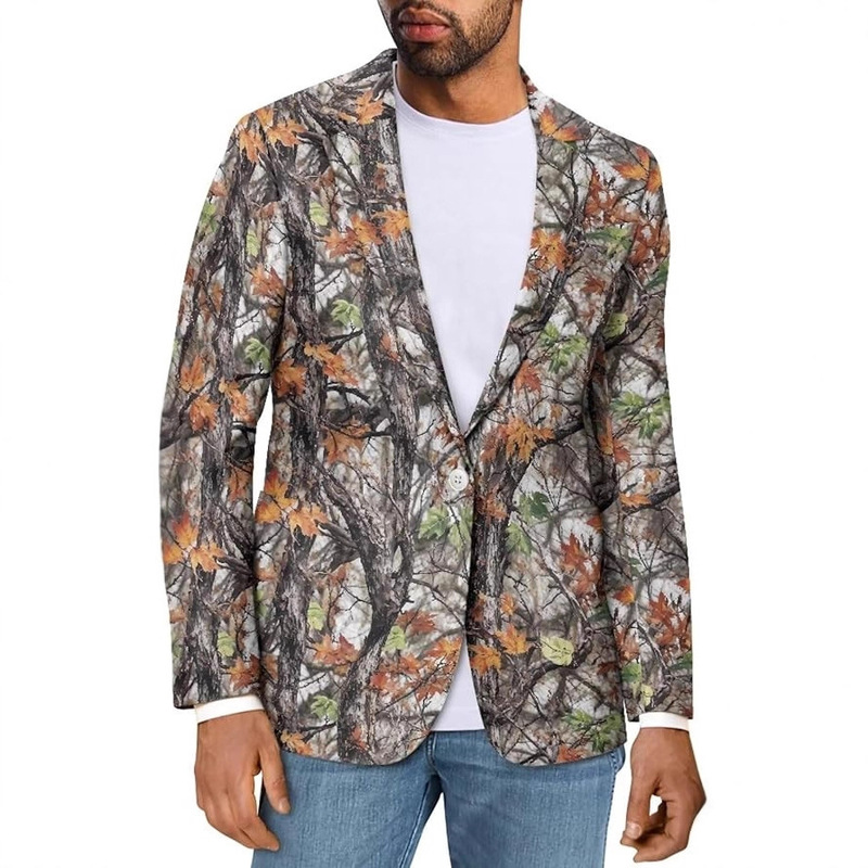 Cross-Border Men's Outdoor Casual Suit with Forest Tree Trunk and Leaf Camouflage Print, Natural Vacation Style Hot-Selling Jacket Cross-Border Men's Outdoor Casual Suit with Forest Tree Trunk and Leaf Camouflage Print, Natural Vacation Style Hot-Selling Jacket