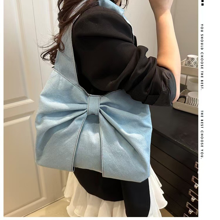 Transfronterizos nuevos grandes bolsas de brazo de diseño de mujer denim mano grande arco denim de manga corta