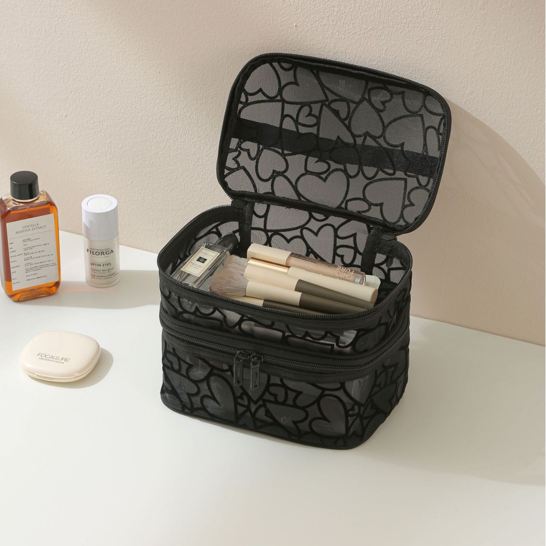 Bolsa de cosméticos de doble capa negra de malla gruesa, bolsa de almacenamiento de cosméticos de alta calidad de gran capacidad, bolsa de lavado transparente portátil