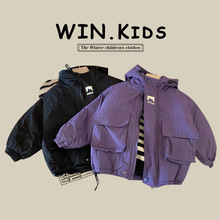 儿童秋冬季夹棉夹克2025新款韩版男童连帽风衣外套宝宝工装冲锋衣