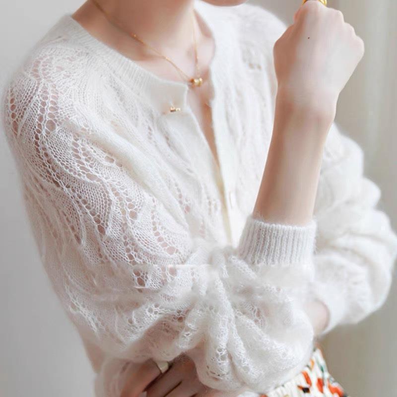 Spring and Autumn Thin Cardigan Sweater, V-neck, Hollowed-out Jacquard Pattern, Single Row Metal Buttons, Casual Style, Breathable Knitwear