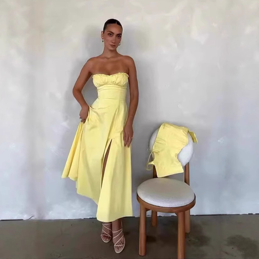Women's Summer Elegant High-Waisted Dress Two-Piece Set Strapless Top With Slit Casual Fashionable Lanon Thickened Regular Size_ecoleips.com