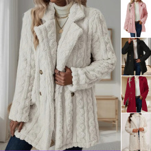 亚马逊欧美爆款女士毛绒外套舒适休闲保暖西装领双排扣中长款大衣