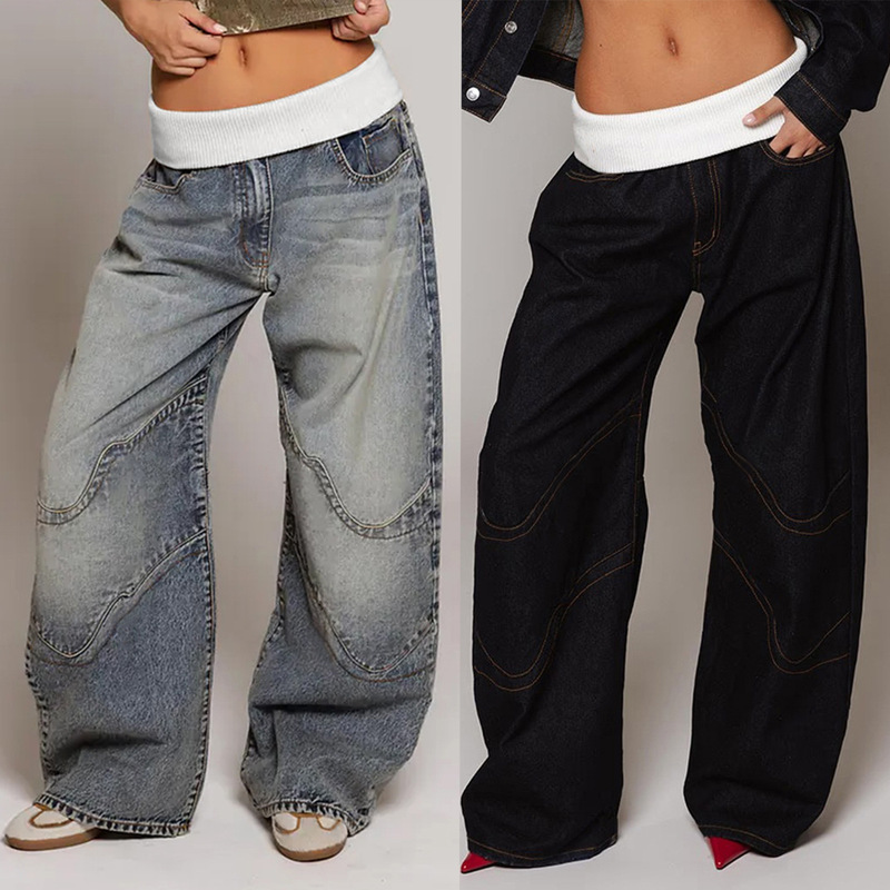 Cross-Border Foreign Trade New European and American Women's Fashion Denim Distressed Ripped Loose Straight-Leg Pants Street Retro Cross-Border Foreign Trade New European and American Women's Fashion Denim Distressed Ripped Loose Straight-Leg Pants Street Retro