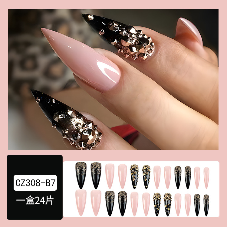 Uñas postizas europeas y americanas de moda, estilo sexy, piezas de uñas con diamantes de imitación en rosa y negro, uñas postizas largas a presión
