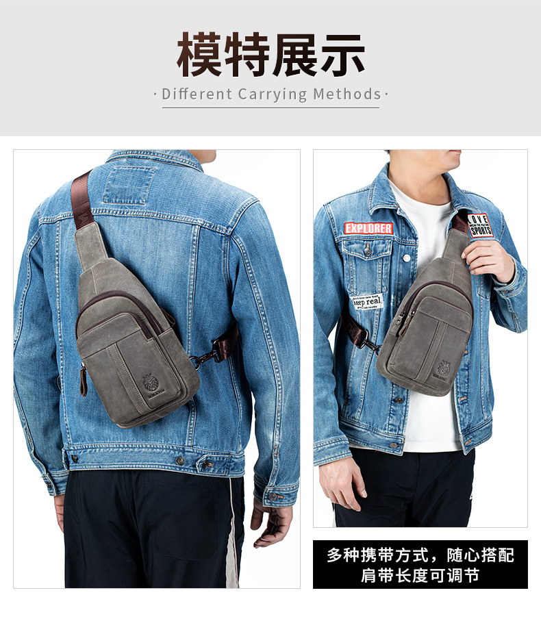 Túi đeo chéo nam da bò thật lớp đầu phong cách Âu Mỹ retro — Màu xám, Màu xanh lam, đen chi tiết 3