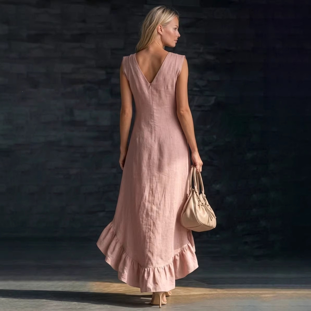 Fashionable Romantic Sleeveless V Neck Ruffled Hem Cotton Linen Long Dress For Women New_ecoleips.com