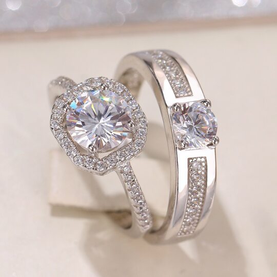 Couple ring open diamond ring wedding ring simulation wedding ring men's and women's silver plated ring Women's wholesale jewelry