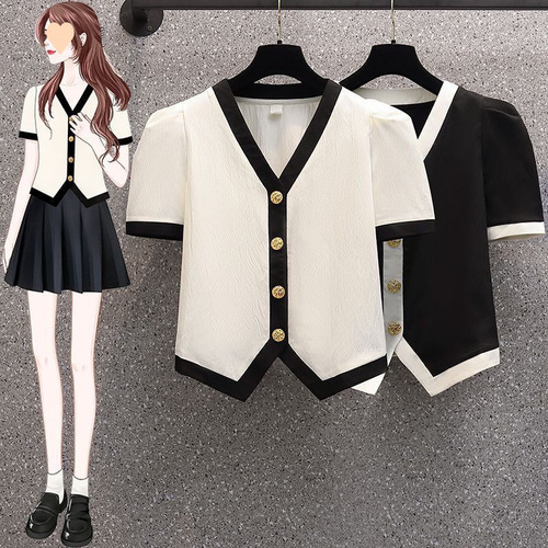 Black and White Striped Short Sleeve Women's Summer Fat Design Sense Loose Casual Chiffon Shirt Little Black Dress Style Shirt