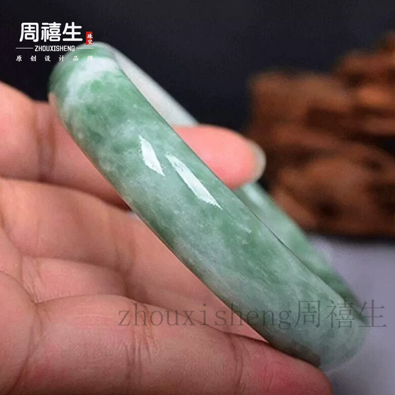 天然玉石手镯女翡翠贵州翠玉镯子冰糯浅绿飘花玉圆条少女镯送礼