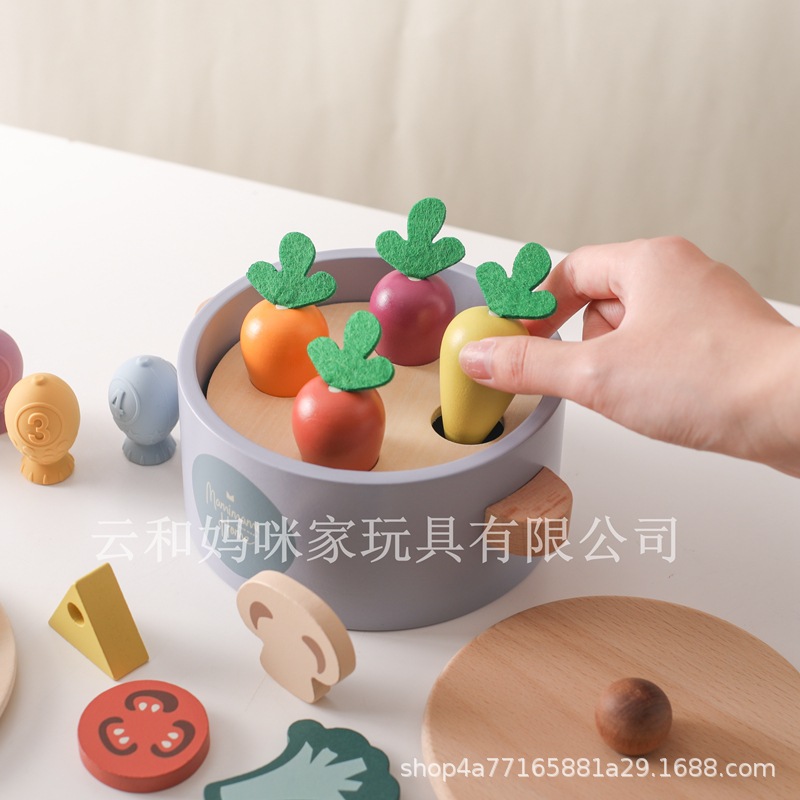 Children's Wooden Pretend Play Toy Carrot Pulling Fishing Tabletop Game Shape Matching Interactive Toy