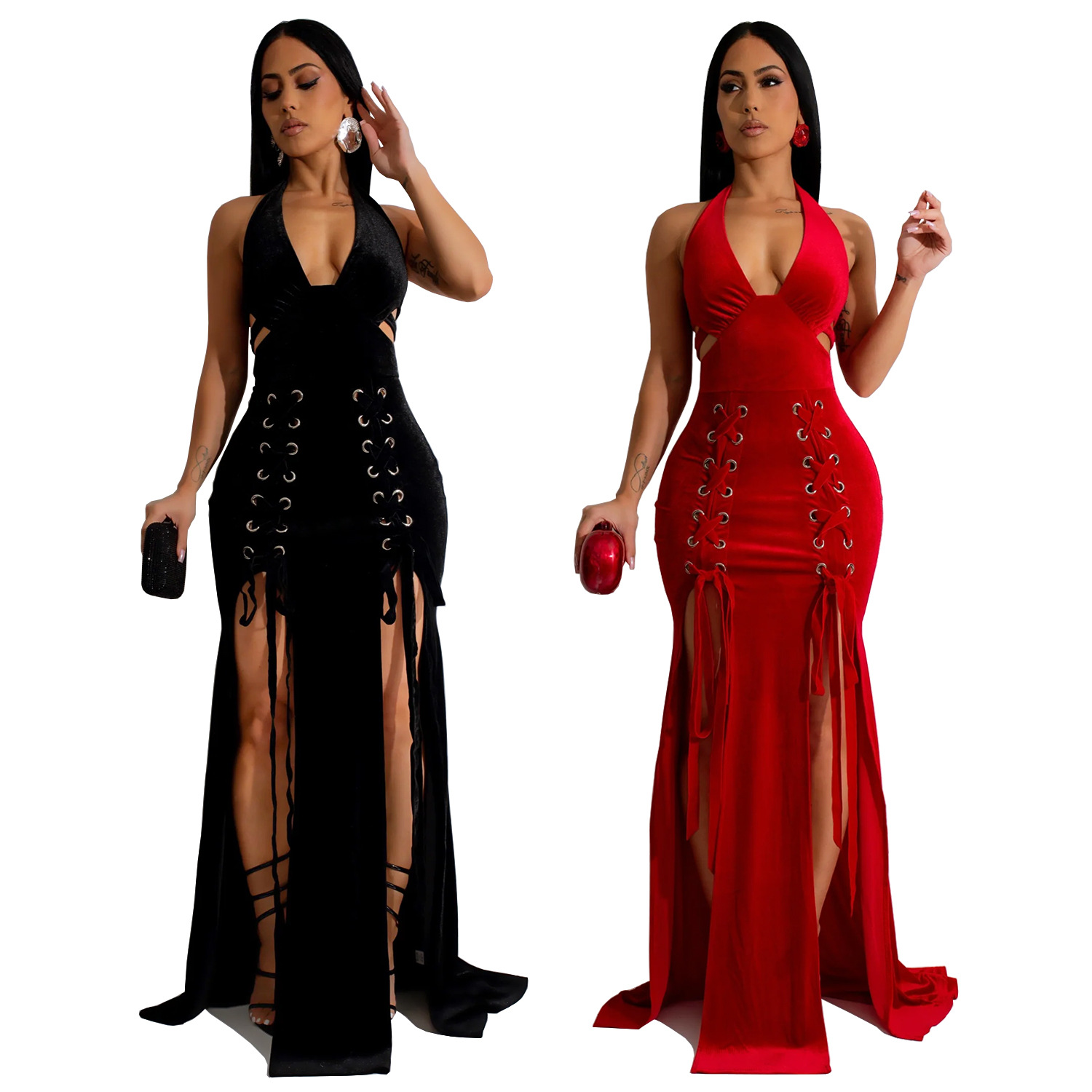 C7156 Aliexpress transfronterizo Amazon Europa y América moda de mujer cuello colgante brazo sexy vestido bifurcado nuevo image 6