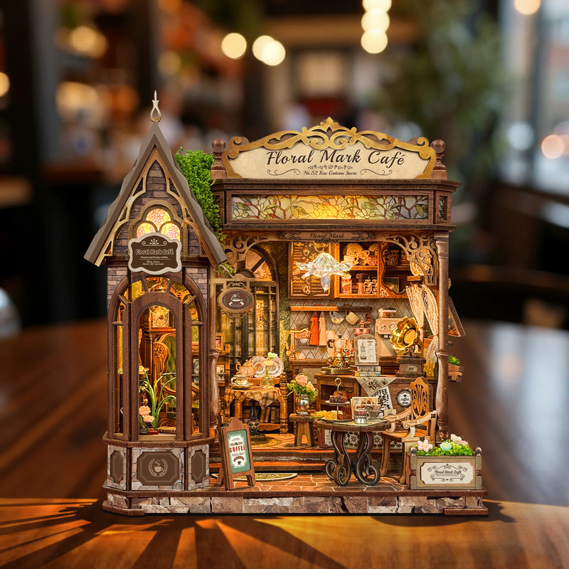 Floral Coffee House Wooden Assembly Miniature House Floral Coffee House Miniature Scene Handmade DIY Birthday Gift