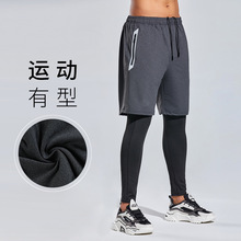 运动假两件健身裤男快干裤秋冬季五分裤跑步紧身弹力训练男士长裤