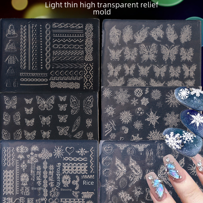 Manicure silicone relief mold Net red 3D butterfly retro flower Christmas snowflake sweater pattern nail jewelry