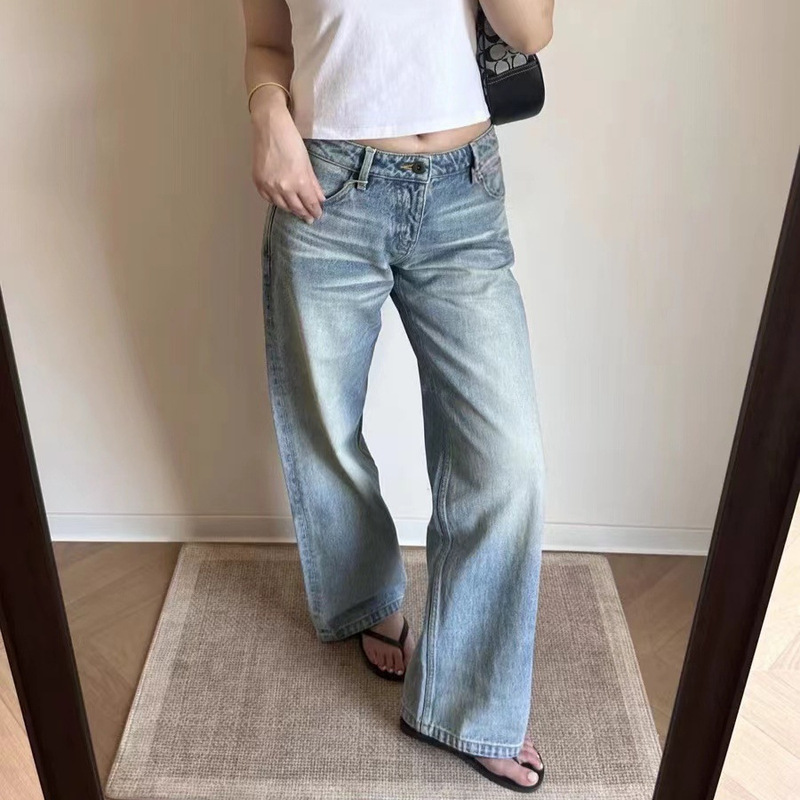 Guochao At*060M&060L Washed Light Blue Distressed Jeans for Women 25 Autumn and Winter Pure Cotton Low-Waist Straight Pants