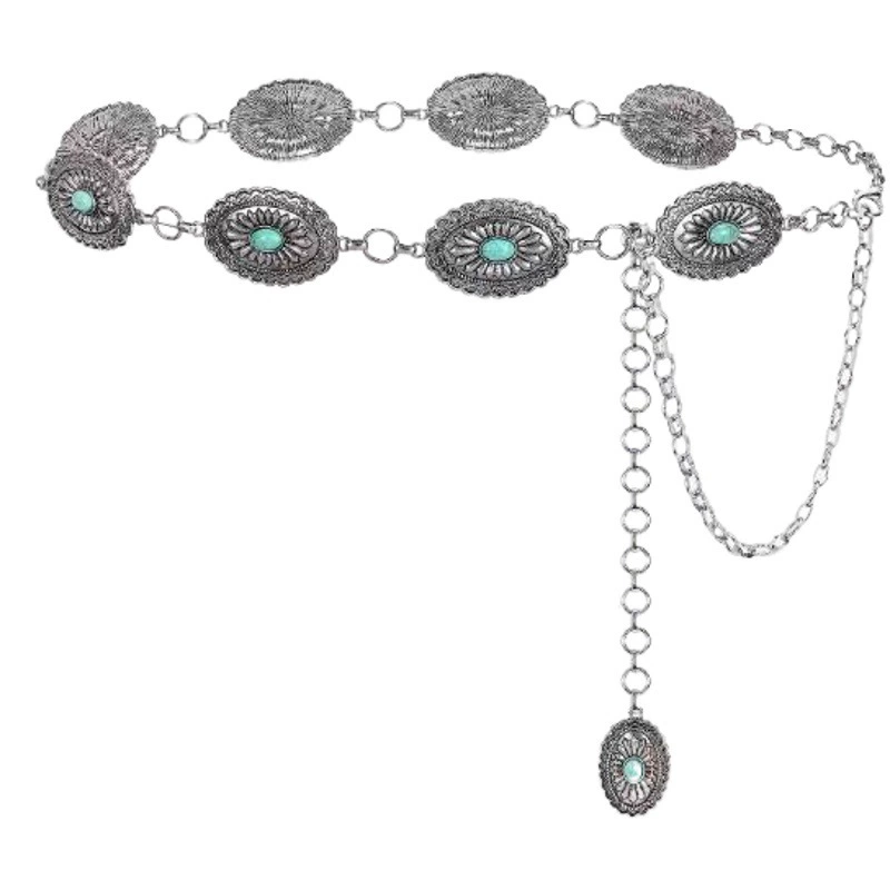 Амазонка трансграничные взрывы поясная цепь конский глаз бирюзовый инкрустированный этнический стиль резной ретро пояс модное украшение