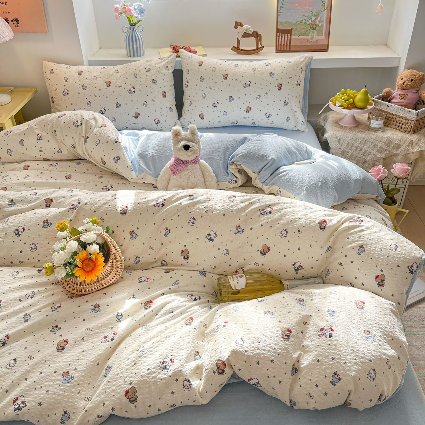 Kt cat party [class a maternal and infant grade puff yarn] / 【flat sheet style】0.9 three-piece set - duvet cover 150x200 cm
