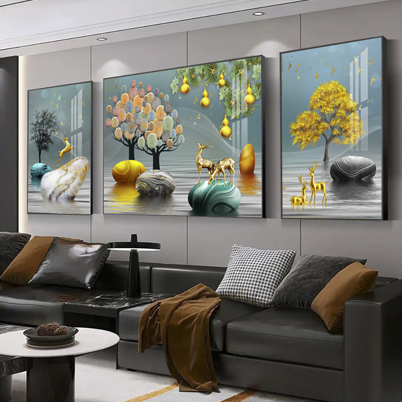 New Style Living Room Decorative Painting Modern Simple Sofa Background Wall Hanging Painting Light Luxury Triptych Crystal Porcelain Painting Restaurant Mural