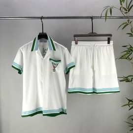 套装欧美休闲夏季男女新款 Ca满印图案短袖衬衫+短裤平替跨境欧货