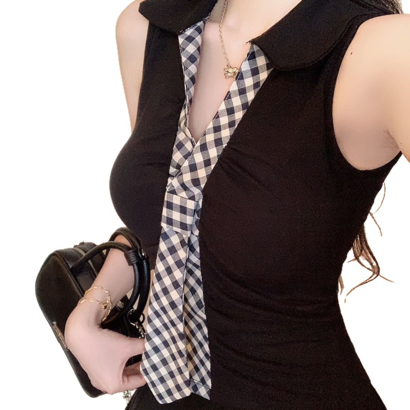 5557人棉时尚气质polo格纹领带背心带胸垫学院风假两件无袖T恤女|undefined
