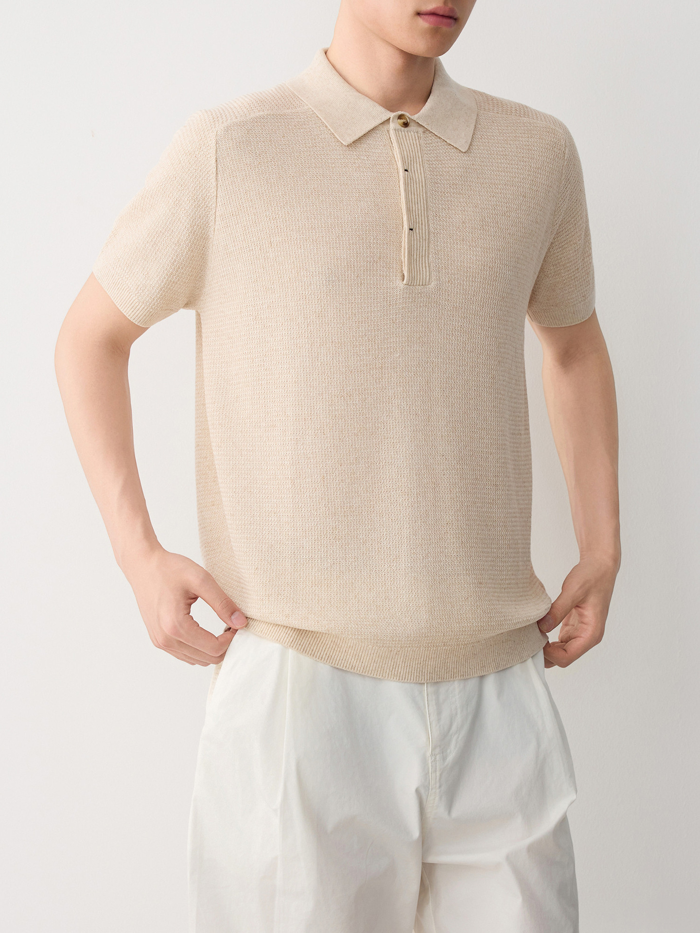 Áo polo nam tay ngắn phong cách cổ điển chất liệu linen pha — đen