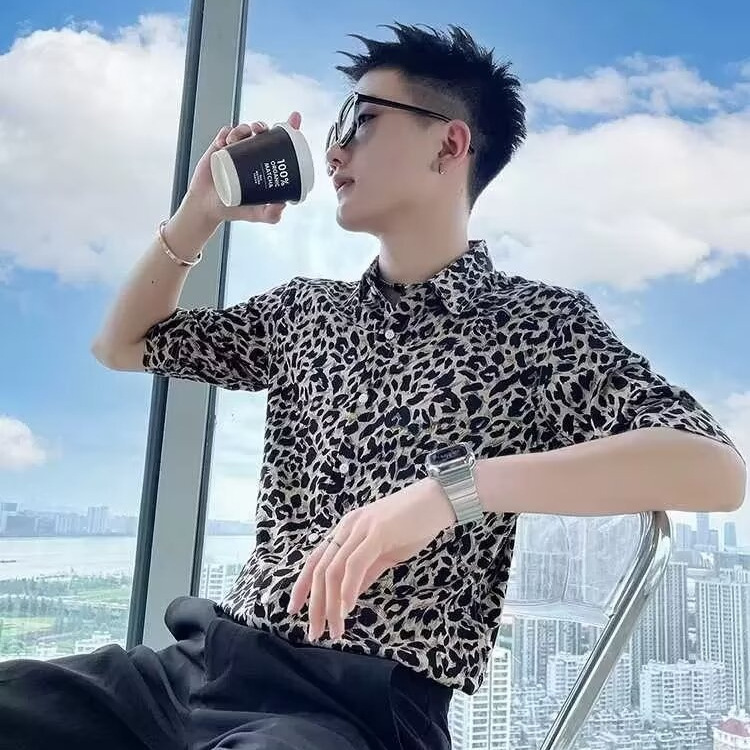 Duplex Handsome Spring and Summer Leopard Print Shirt Men's Ice Silk Short-sleeved Floral Shirt Trendy Brand Shirt High-end Sense Top All-match Clothes