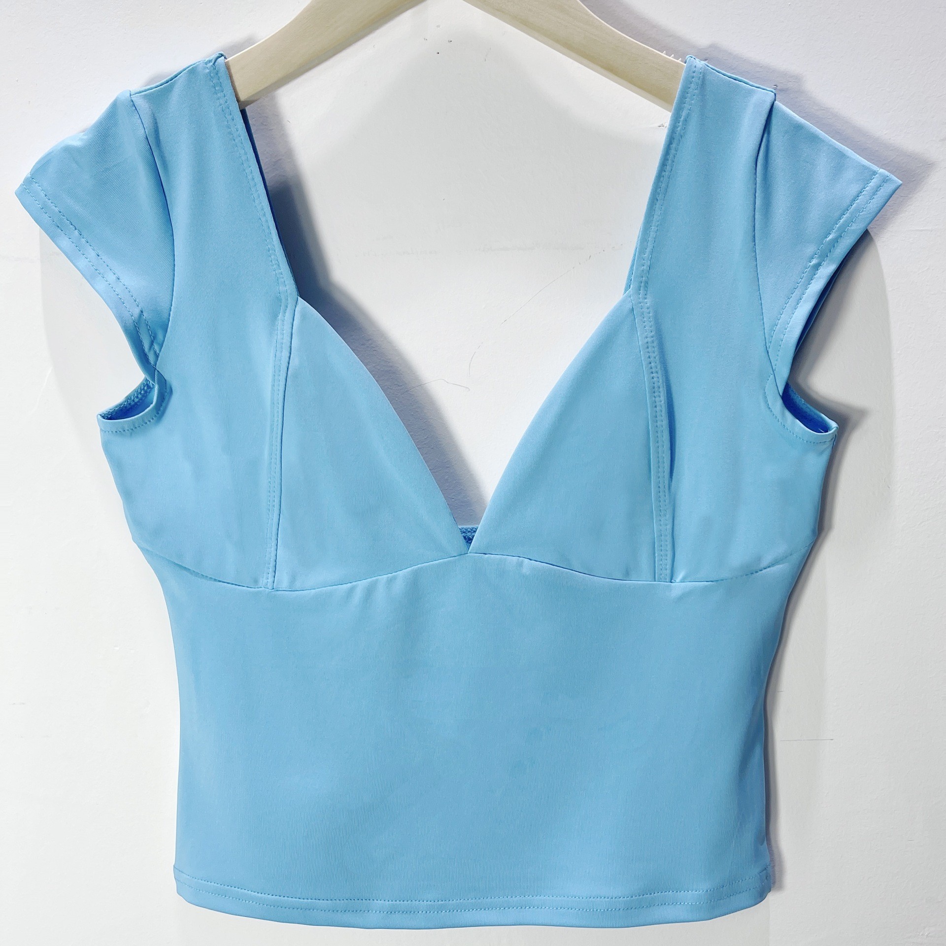 Ropa Y2K para Mujer, Comercio Exterior, Amazon, Top Corto Sexy con Escote en V, Color Sólido, Ajustado, Camiseta de Manga Corta image 11