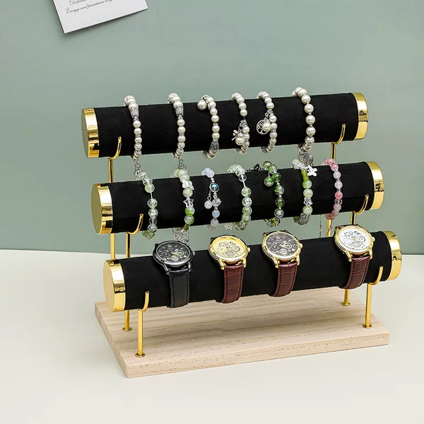 Cross-Mirror Special Velvet Pu Leather Three-Layer Metal Frame Jewelry Display Stand Watch Bracelet Bracelet Bracelet Storage